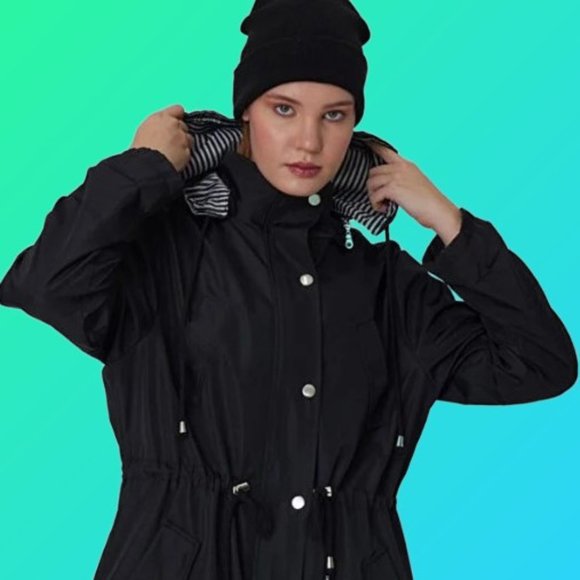 Black Trench Coat Rain Jacket Zipper Snap Buttons Removable Hood Size M NEW - Picture 4 of 8